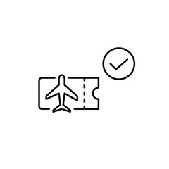 Plane ticket and checkmark. Booking approved, safe flight. Pixel perfect, editable stroke vector icon