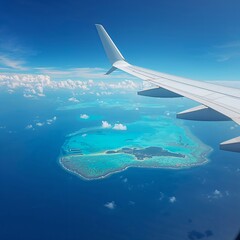Obraz premium Epic Passenger Jet Flying above Tropical Islands and Turquoise Ocean