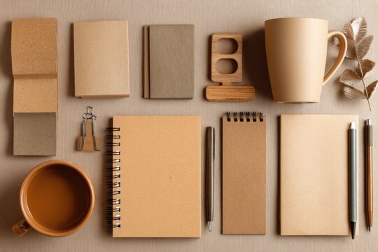 Top view of various stationery items and cups of coffee on a textured surface, creating a cozy and organized workspace aesthetic