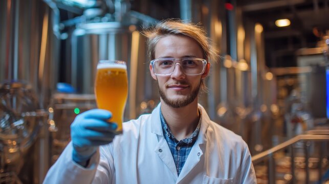 A scientist proudly holds a glass of beer in a modern brewery, showcasing brewing innovation and craftsmanship.