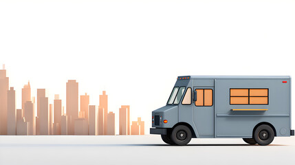 A food truck, symbol of street food, set against a city skyline, ready to serve delicious meals to hungry customers. The food truck is positioned in front of an urban background.