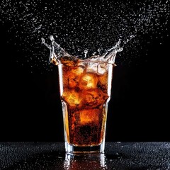 A glass of cola with ice, a splash of liquid and ice