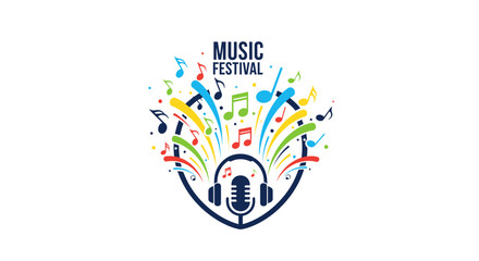 Vibrant logo for International Music Day featuring a microphone and headphones with colorful musical notes and symbols on a white background with a lively feel.