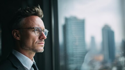 A thoughtful man gazes out of a window, reflecting on his next big decisions in a modern cityscape.
