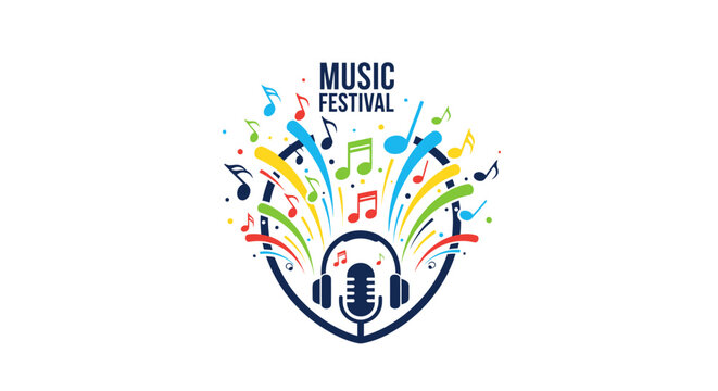 Vibrant logo for International Music Day featuring a microphone and headphones with colorful musical notes and symbols on a white background with a lively feel.