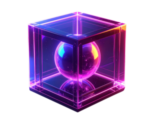 Futuristic glowing cube with luminous inner sphere and neon reflections isolated on transparent background PNG