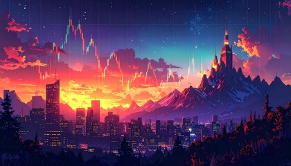 Fototapeta premium Cityscape at dawn, colorful pixel art