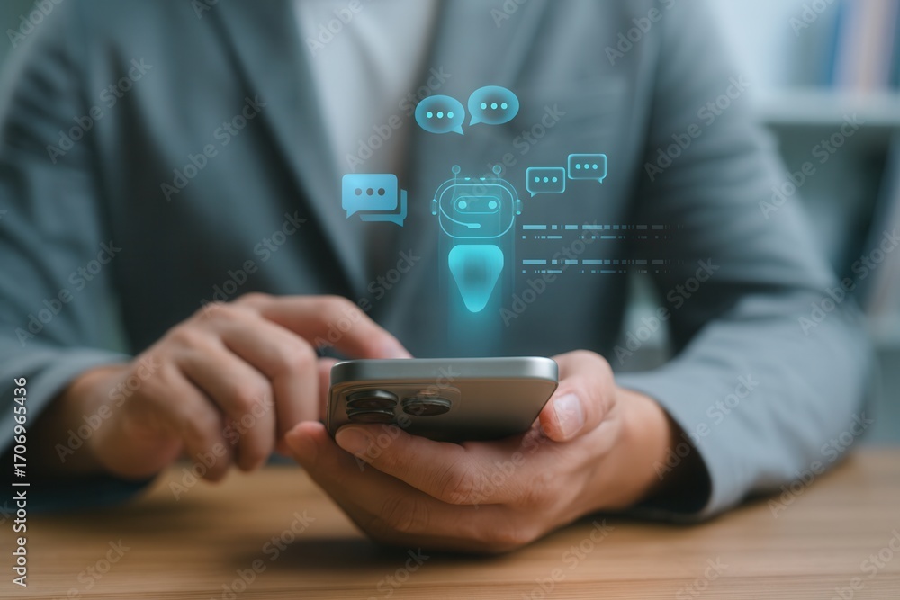 Fototapete ai chatbot technology on smartphone,man using mobile app with virtual assistant robot,holographic di