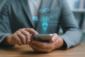 AI chatbot technology on smartphone,man using mobile app with virtual assistant robot,holographic digital chatbot icon for communication,smart customer support and automation concept