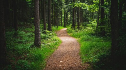 Obraz premium A path through a forest with trees on both sides