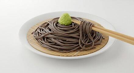 蕎麦の黒々とした麺 上品な光沢 竹のマットの上で美しく輝く. AI Generated
