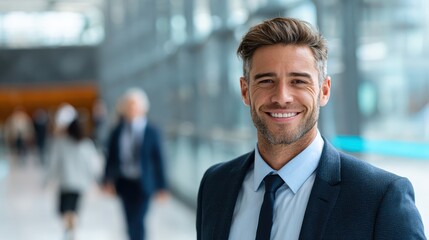 Fototapeta premium Confident businessman smiles warmly in a modern corporate environment, showcasing professionalism and leadership.