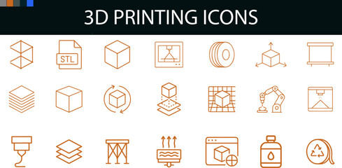 “3D Printing Icons in Orange Line Art: Modular Tech Pack for UI, Maker Branding & Digital Manufacturing”