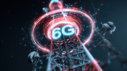 Futuristic 6G tower with glowing visual effects and network signals, representing advanced telecommunications.