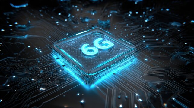 Futuristic 6G technology depicted on a microchip with luminous circuits showcasing advanced connectivity.