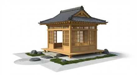 Fototapeta premium 静かな庭の美しい木造茶室 柔らかな光に包まれて. AI Generated