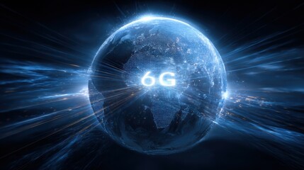 Futuristic representation of the Earth showcasing the concept of 6G technology and advanced connectivity.