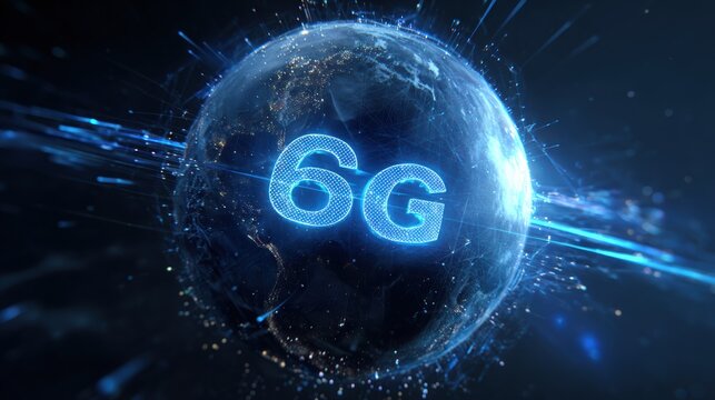 Futuristic representation of 6G technology with planet and data connectivity elements in vibrant colors. - Powered by Adobe