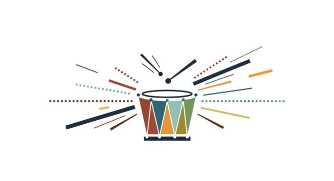 Vibrant illustration of a drum with colorful sticks and dots radiating around it on a white background, symbolizing International music Day with a lively and dynamic mood.