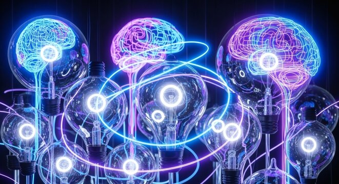 Brainstorming Concepts Ideas With Glowing Light Bulbs And Brainshapes