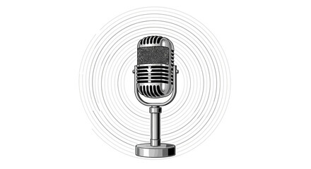 Fototapeta premium A vintage microphone on a stand with sound waves emanating from it on a white background, symbolizing International music Day.