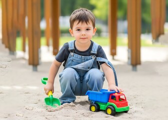 Little cute toddler boy 2.5-3 years old plays in the sandbox on a sunny summer day. Outdoor creative activities for kids. Toy car and shovel.