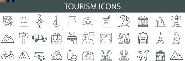 Tourism Icon Set for Travel Destinations, Cultural Landmarks, and Vacation UI Design