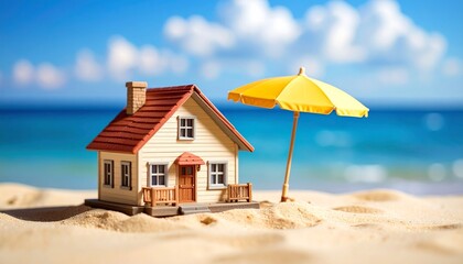 A beach scene featuring a miniature house and umbrella, with the blue sea and sky blurred in the background, represents a happy holiday home for families, embodying concepts of real estate, property