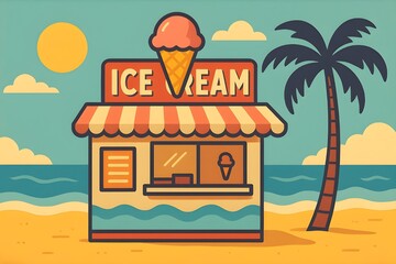 Vintage Ice Cream Stand on the Beach &ndash; Retro Summer Vector