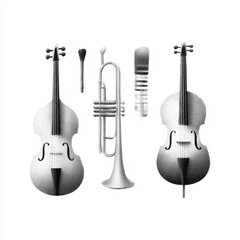 Naklejka premium Orchestral musical instruments stipple illustration, black and white, representing classical music and jazz