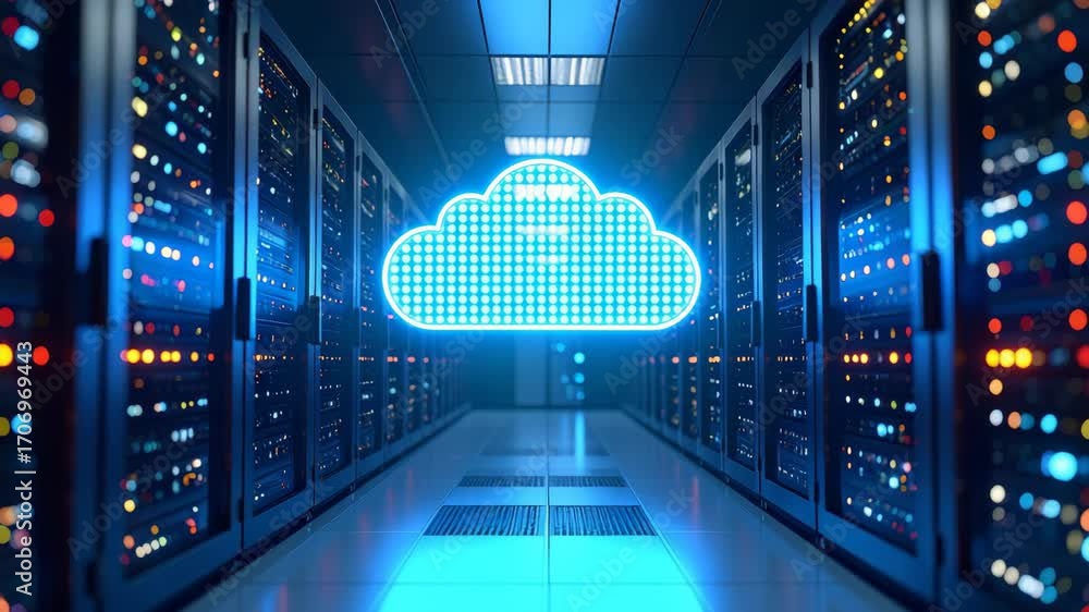 Poster server room with blue cloud icon signifying network computing and data storage in modern data center