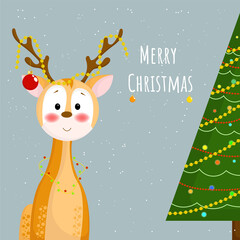 Vector illustration with cute deer in lights and decorated Christmas tree, with the inscription 