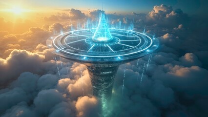 Tower shaped buildings with technological light efficiency in the sea of clouds