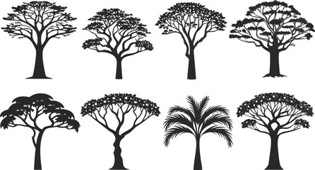 Fototapeta premium Eight diverse tree silhouettes in black and white nature