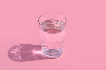 Clear glass of fresh water on pink background with soft lighting and minimalistic composition