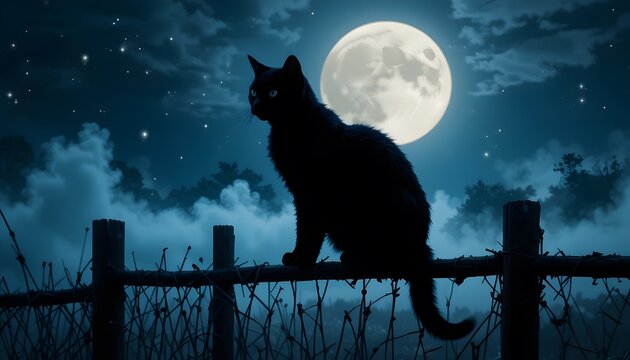 Mysterious Black Cat Silhouetted Against a Bright Full Moon at Night