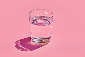 Clear glass of fresh water on pink background with soft lighting and minimalistic composition