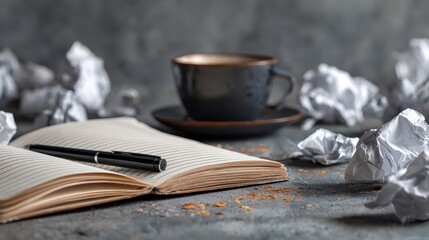 Writers Block - Coffee, Notebook, and Crumpled Paper Inspiration.