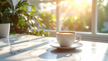A serene moment captured: coffee cup on a sunlit table near a window