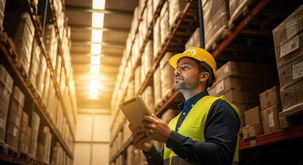 A warehouse manager is conducting an inventory check. Wearing a yellow hard hat and reflective vest, the warehouse manager holds a tablet computer and intently examines the goods on  the shelves