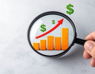 Examining a business growth chart with a magnifying glass, symbolizing business development and financial success