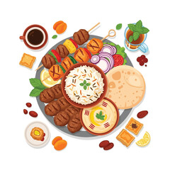 A delicious and authentic Middle Eastern feast platter with grilled meats, rice, hummus, and pita bread, perfect for sharing