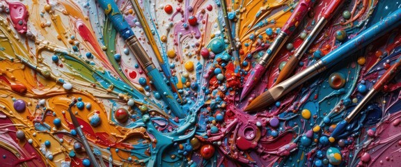 Energetic Palette  A Close Up View of a Chaotic and Colorful Mess of Oil Paints and Brushes. Capturing the Intensity of Artistic Expression.