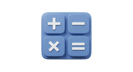 Blue Calculator Icon 3D Render: Math Symbol, Addition, Subtraction, Multiplication, Equals Sign, Finance, Education, isolated on transparent white background, PNG