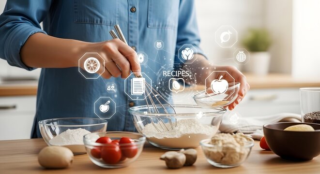 Concept of modern healthy cooking with a woman using digital technology and virtual icons for online recipes and nutritional guidance