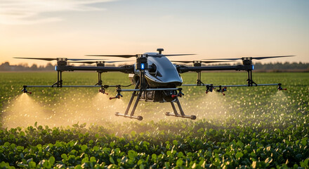 Advanced Agricultural Drone Spraying Crops In Expansive Green Fields Under Golden Sunset Sky, Showcasing Technological Innovation In Farming