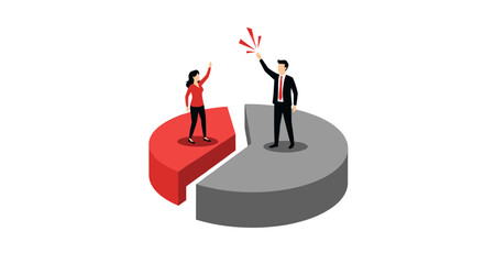 Obraz premium Two business people celebrate success on a pie chart representing market share growth and achievement
