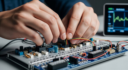 Assembling electronic components on a circuit board, hands connecting colored wires, focused on circuit assembly
