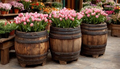 Pink Tulips in Rustic Wooden Barrels