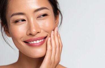 Glowing skin and a natural smile under gentle lighting reflect emotional authenticity and the fresh faced purity of high end beauty.